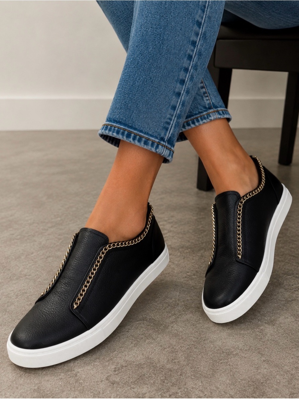 Stokton Made in Italy, Black Slip-On Sneakers with Gold Chain Trim NWOB